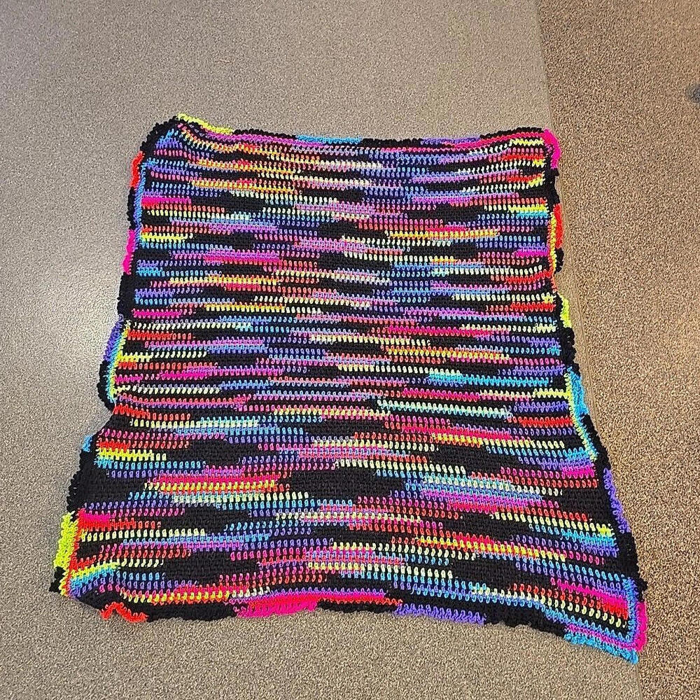 Handmade Afghan Neon Stripe Boho 80's Crochet Blanket, 55" X 49" - Picture 5 of 9